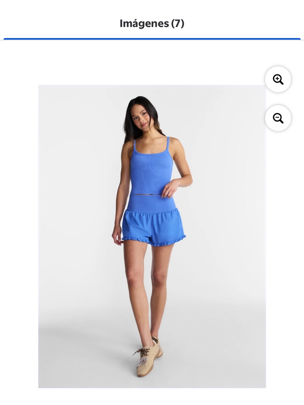 Blue Ribbed Tank and Ruffle Hem Swim Short Set - Women